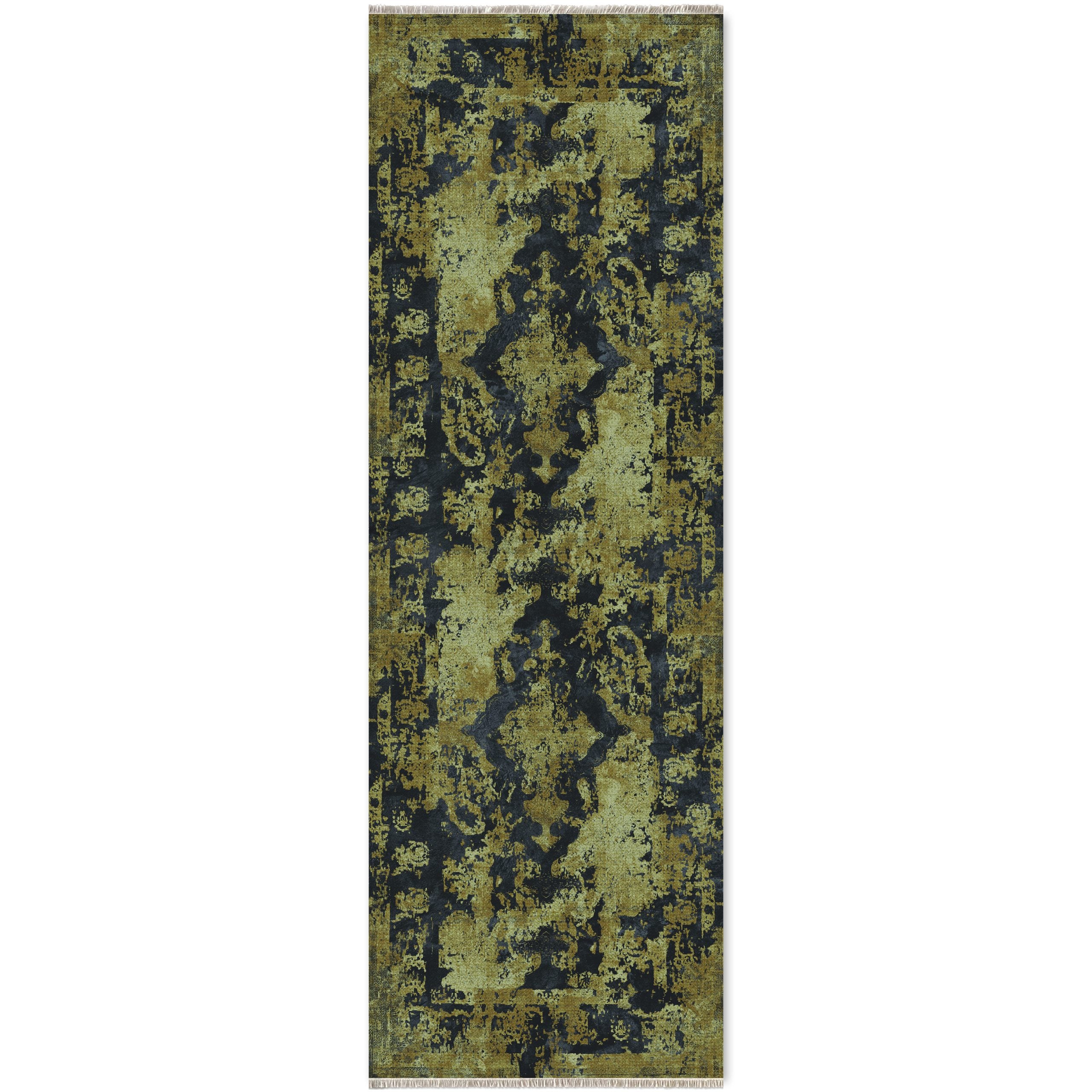 Netline Home Yellow Gold Black Anthracite Vintage Machine Washable Chenille Rug Design NH7020