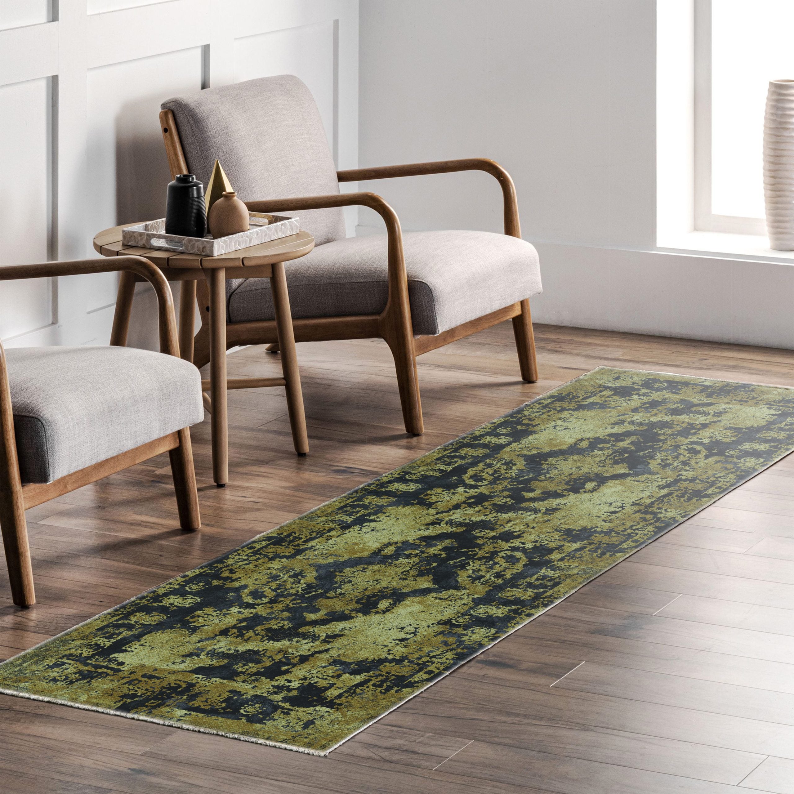 Netline Home Yellow Gold Black Anthracite Vintage Machine Washable Chenille Rug Design NH7020