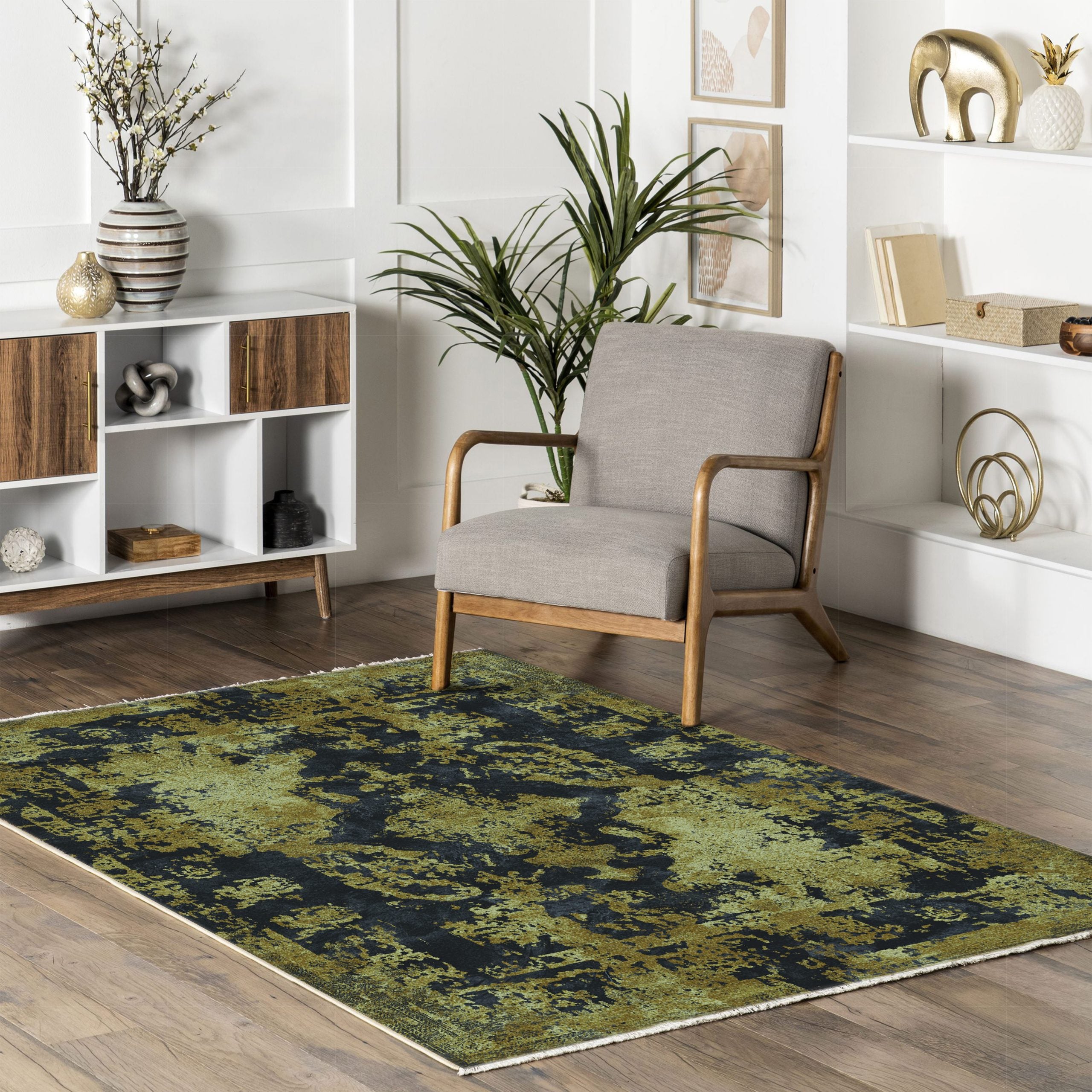 Netline Home Yellow Gold Black Anthracite Vintage Machine Washable Chenille Rug Design NH7020