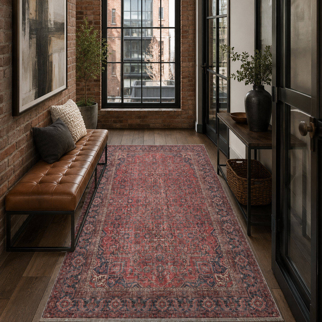Netline Home Red Burgundy Ethnic Classic Vintage Machine Washable Chenille Rug Design NH7171