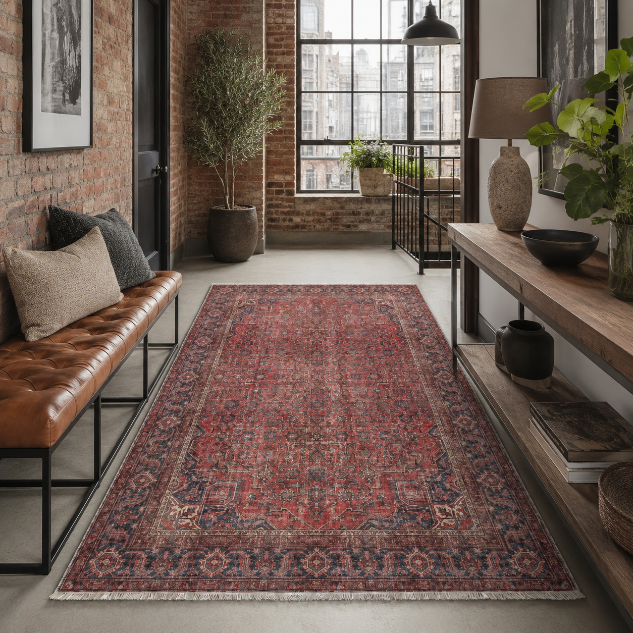 Netline Home Red Burgundy Ethnic Classic Vintage Machine Washable Chenille Rug Design NH7171