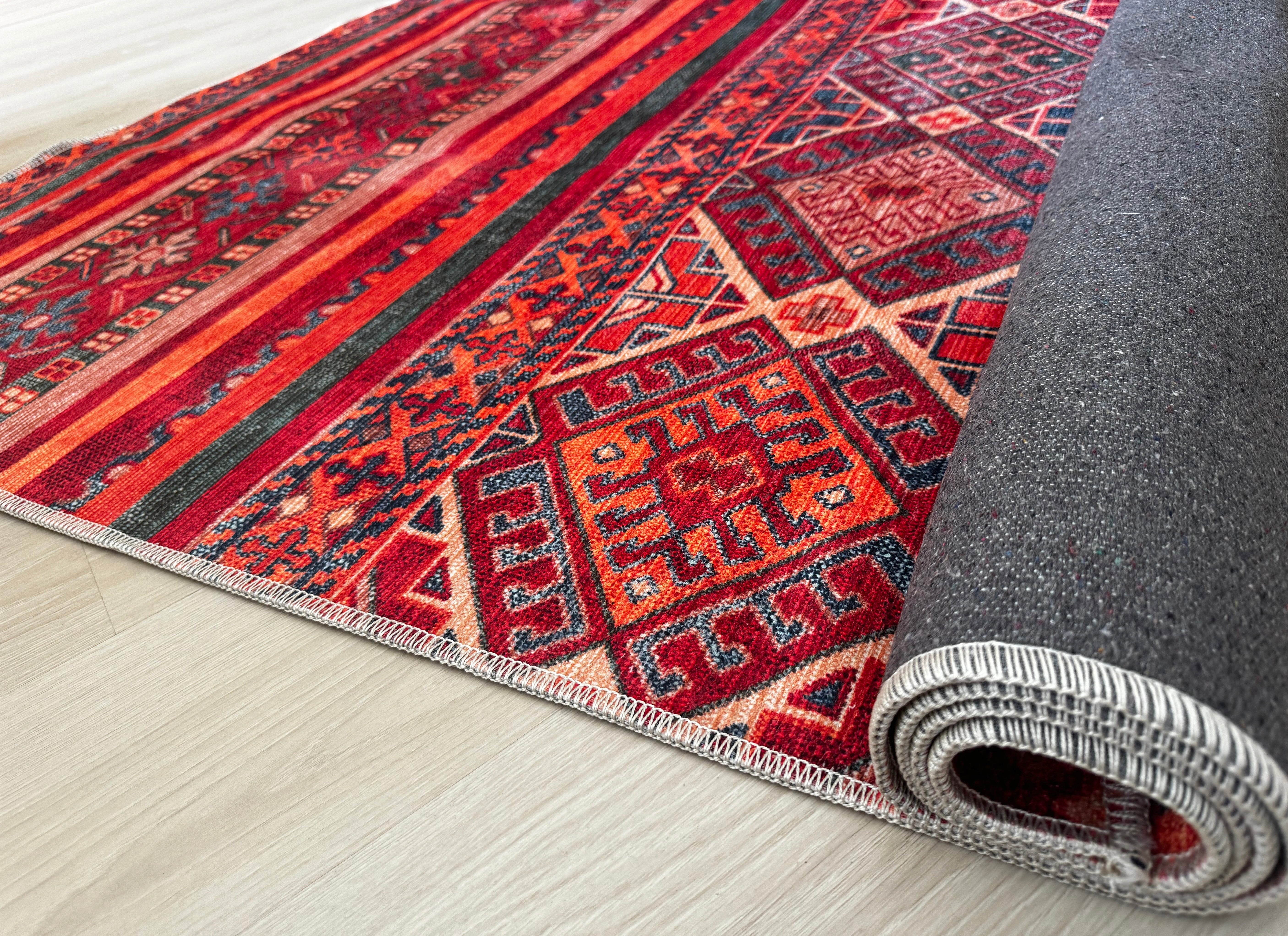 Netline Home Rugs Depot 1322K – Machine Washable Red Tribal Kilim Rug | Multicolor Geometric Striped Carpet for Living Room, Bedroom & Dining