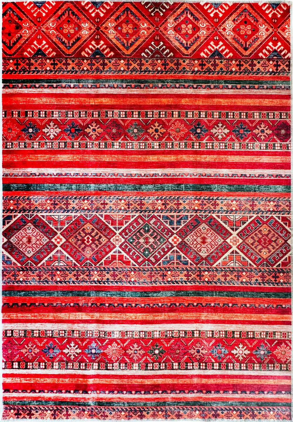Red tribal Kilim rug by Netline Home with geometric striped pattern, machine washable multicolor carpet for living room or bedroom.