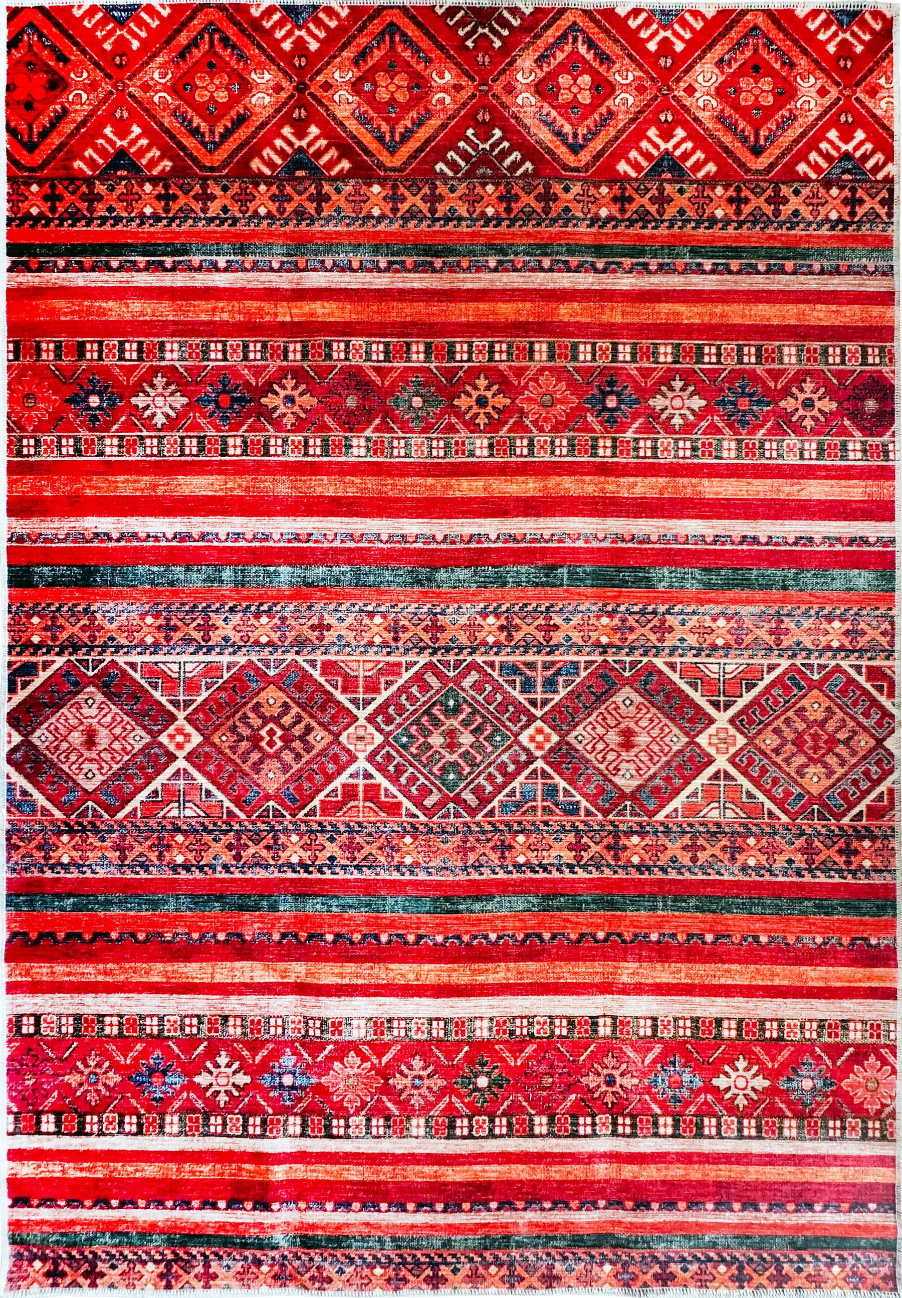 Red tribal Kilim rug by Netline Home with geometric striped pattern, machine washable multicolor carpet for living room or bedroom.