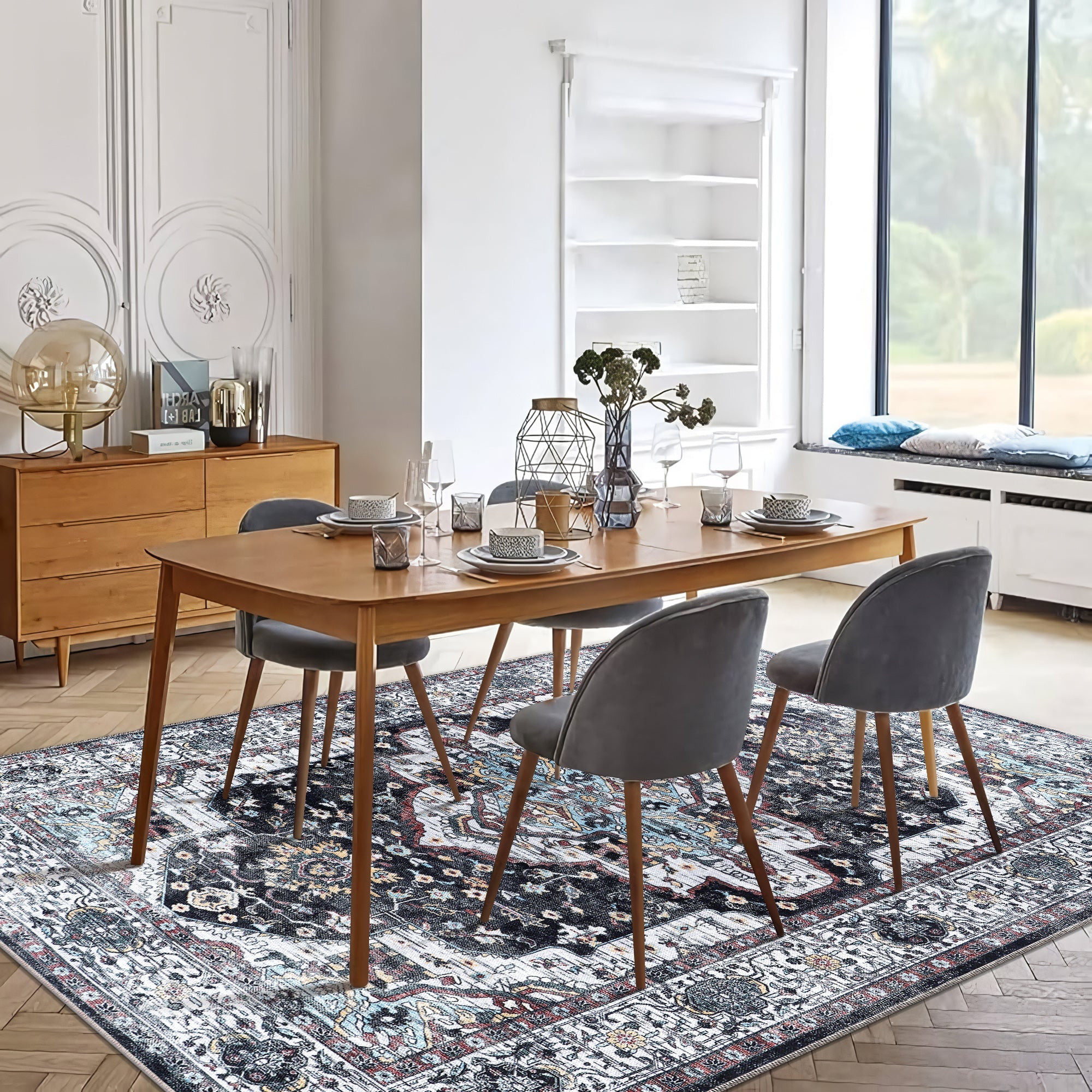 Netline Home Rugs Depot RW1003 – Machine Washable Persian Medallion Rug | Vintage Black & White Oriental Carpet with Blue Accents for Living Room, Bedroom & Dining