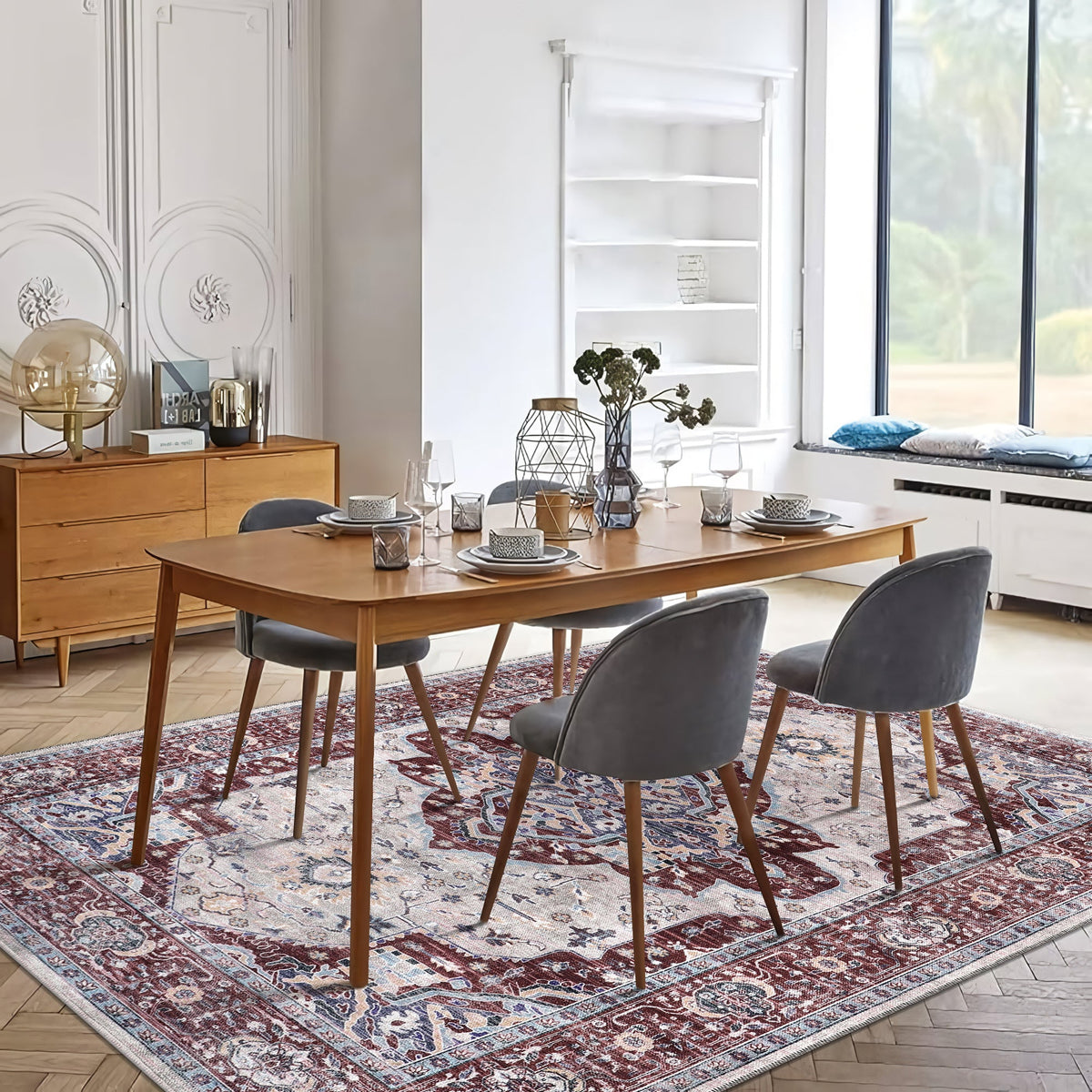 Machine washable Persian medallion rug by Netline Home featuring traditional oriental vintage design for living, bedroom, or dining room.