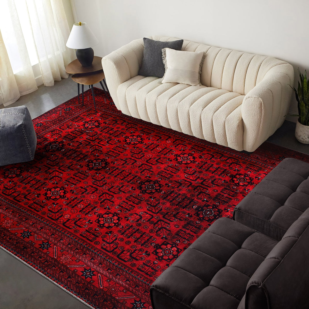 Machine washable red Afghan pattern area rug by Netline Home with traditional geometric design for living room, bedroom, or office.