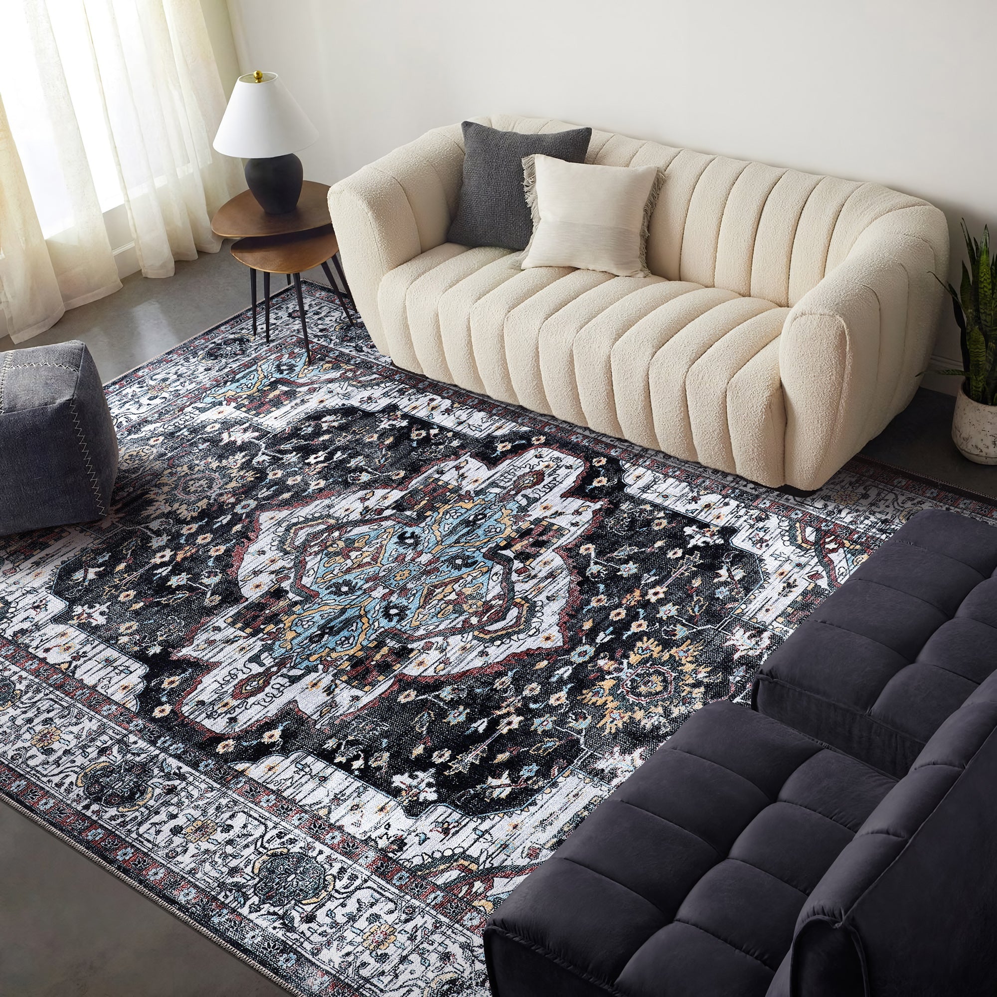 Netline Home Rugs Depot RW1003 – Machine Washable Persian Medallion Rug | Vintage Black & White Oriental Carpet with Blue Accents for Living Room, Bedroom & Dining