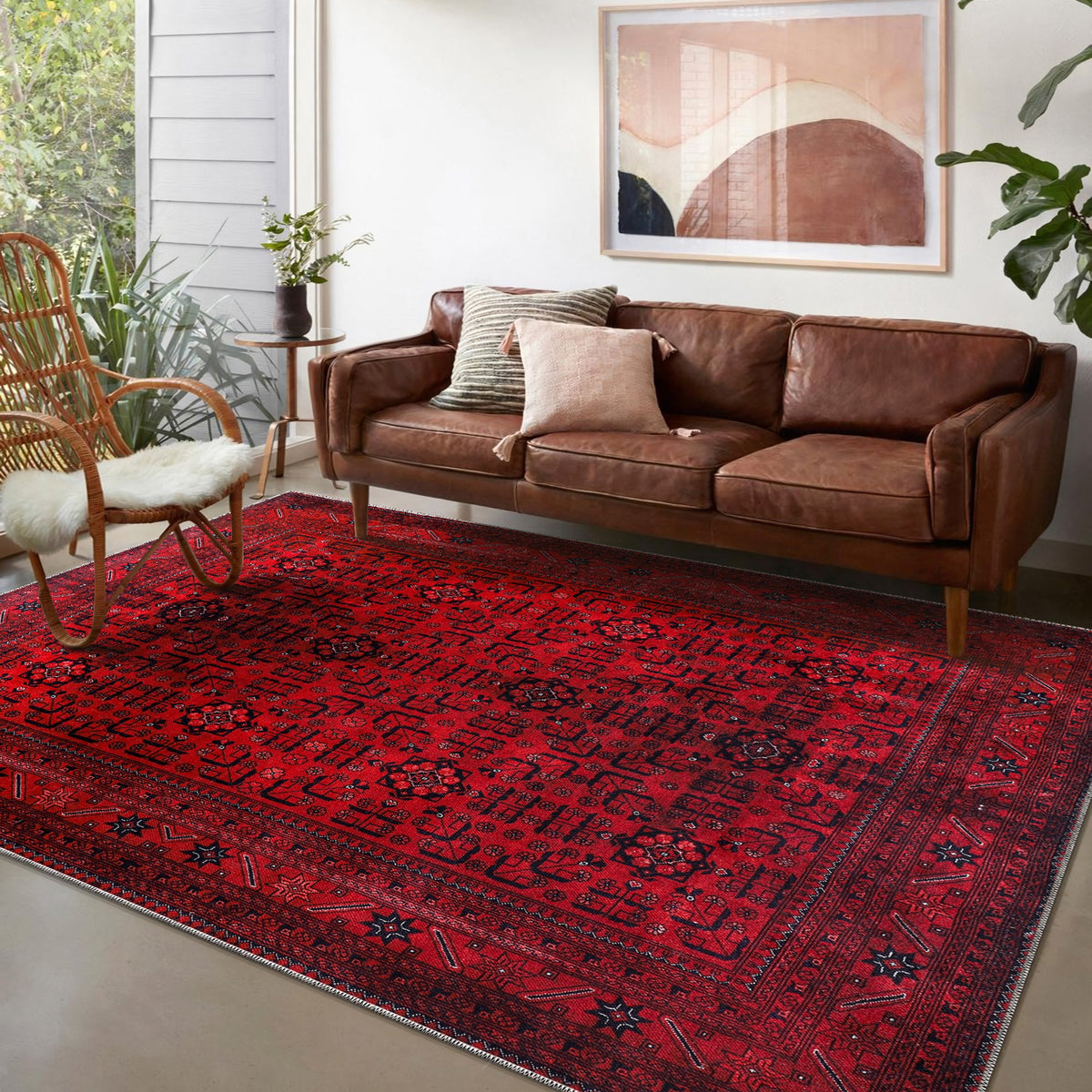 Red Afghan pattern washable area rug by Netline Home featuring traditional geometric design for living room, bedroom, or office.