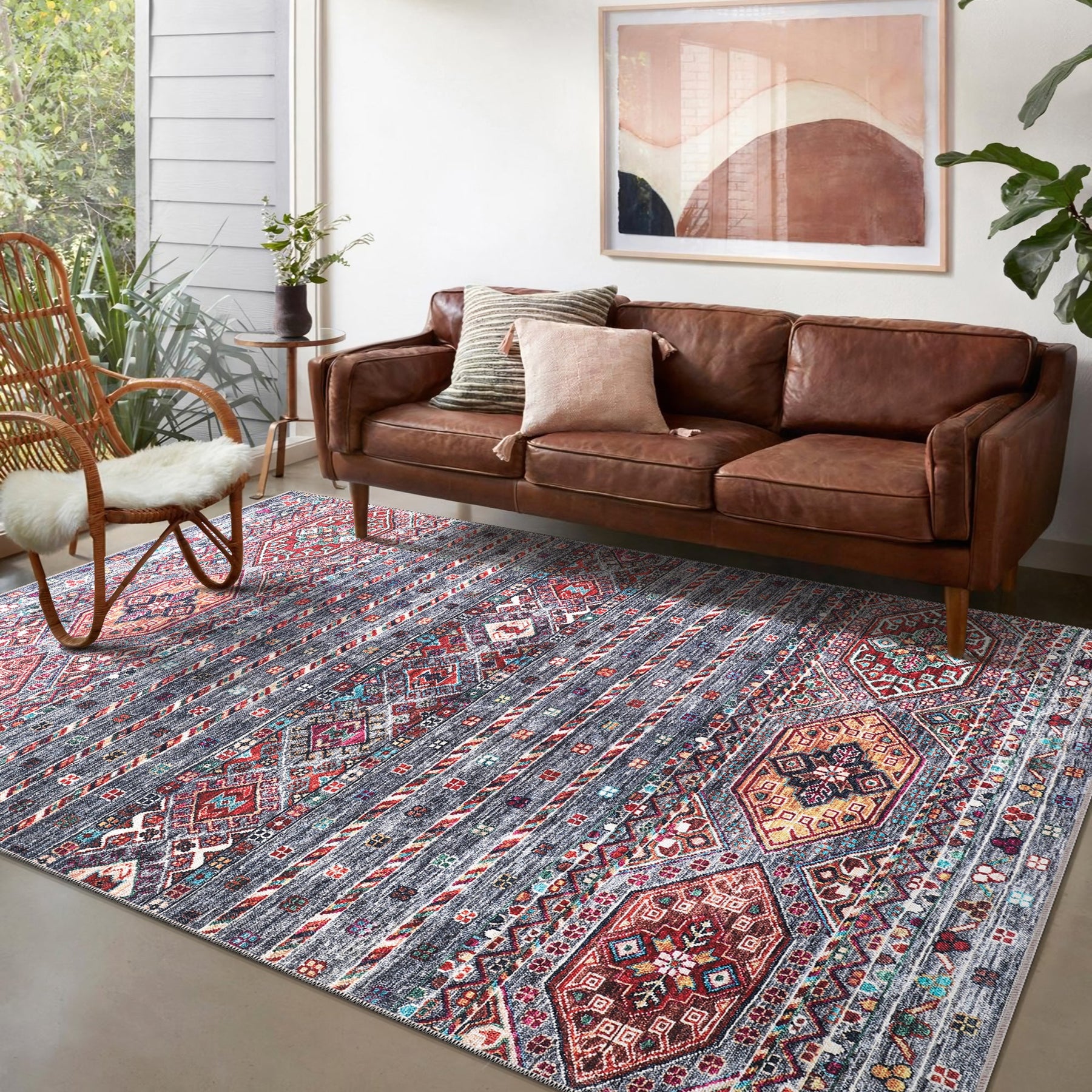 Machine washable multicolor tribal diamond rug by Netline Home, bohemian kilim-style carpet for living room, bedroom, or office.