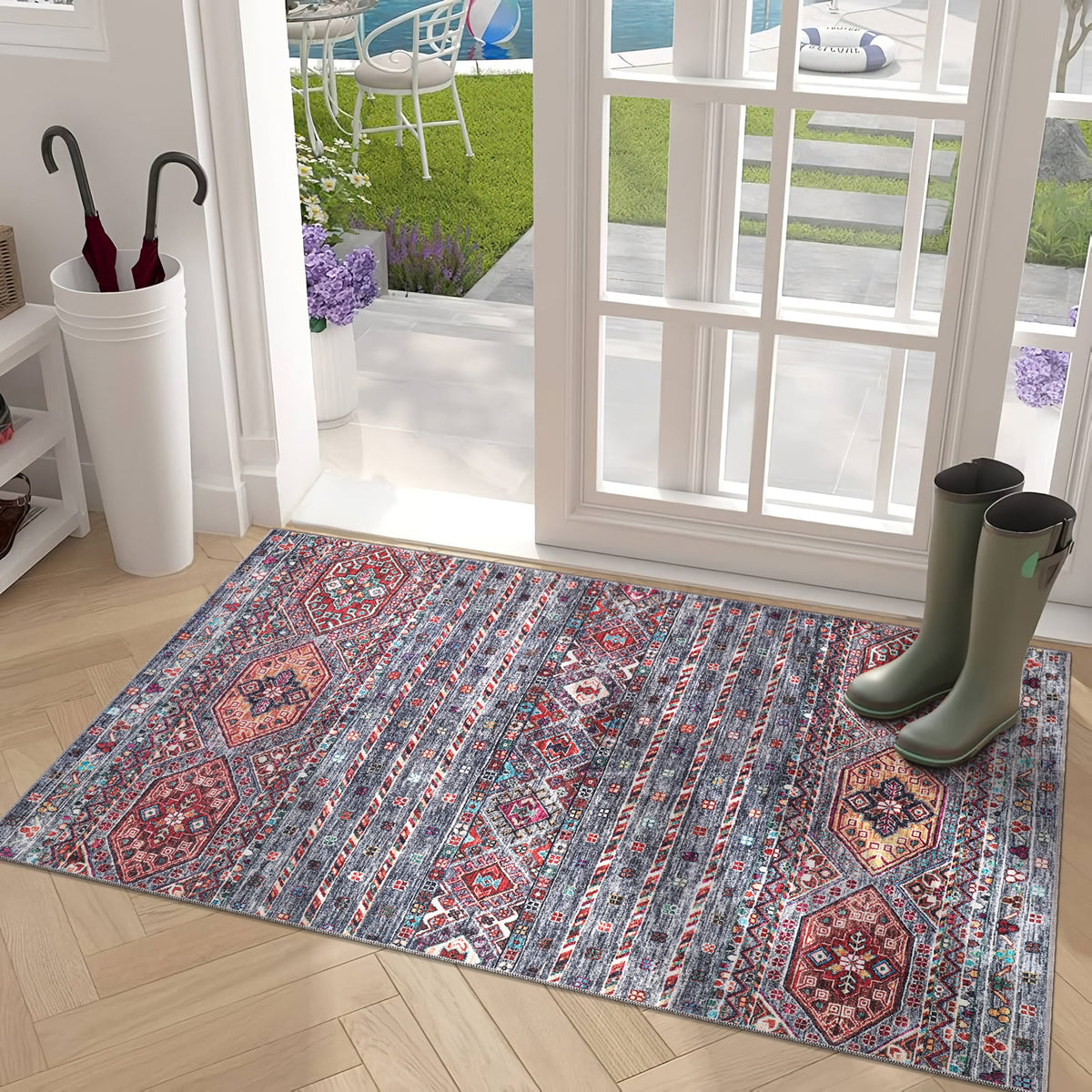Multicolor tribal diamond washable rug by Netline Home, bohemian kilim-style carpet for living room, bedroom, or office space.