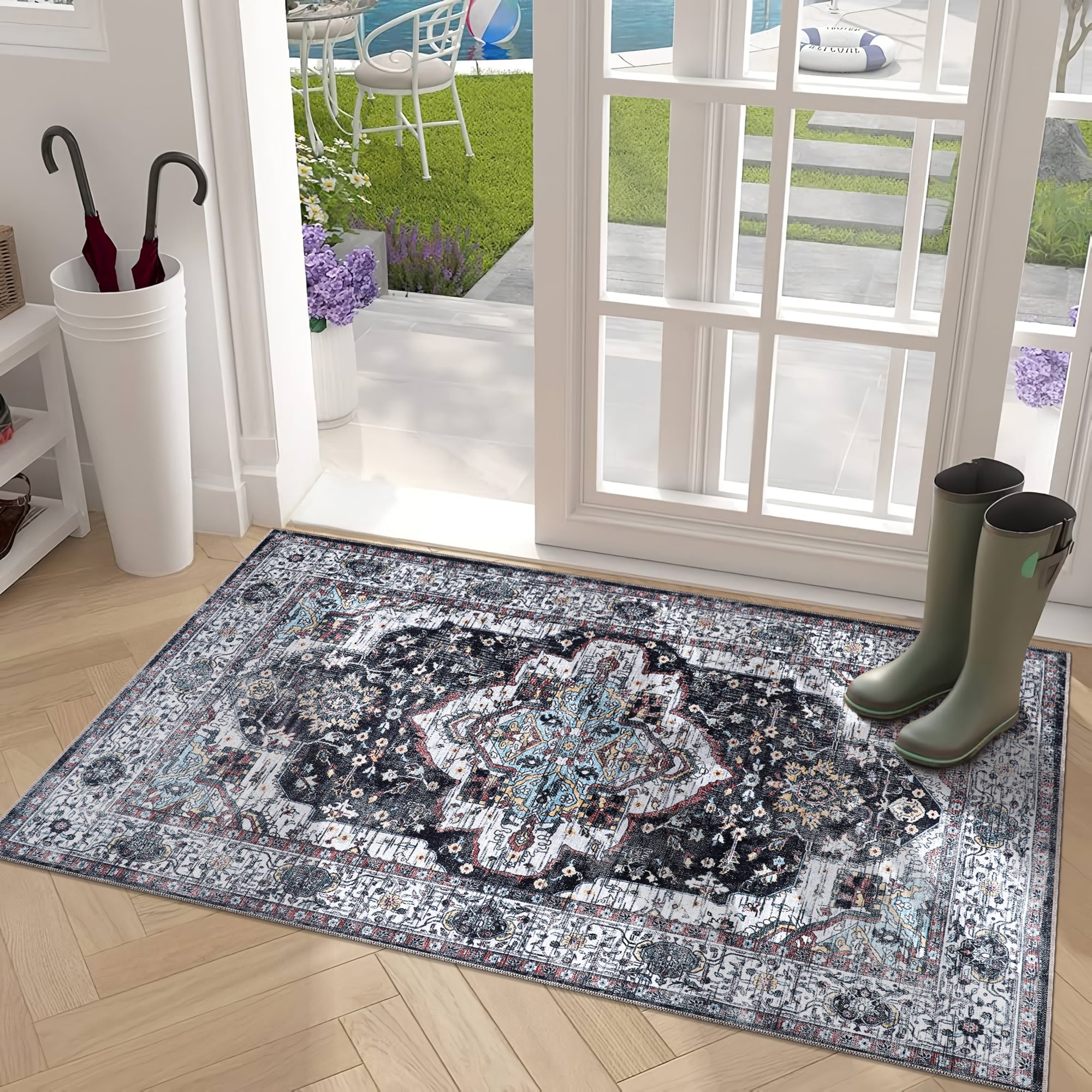 Netline Home Rugs Depot RW1003 – Machine Washable Persian Medallion Rug | Vintage Black & White Oriental Carpet with Blue Accents for Living Room, Bedroom & Dining