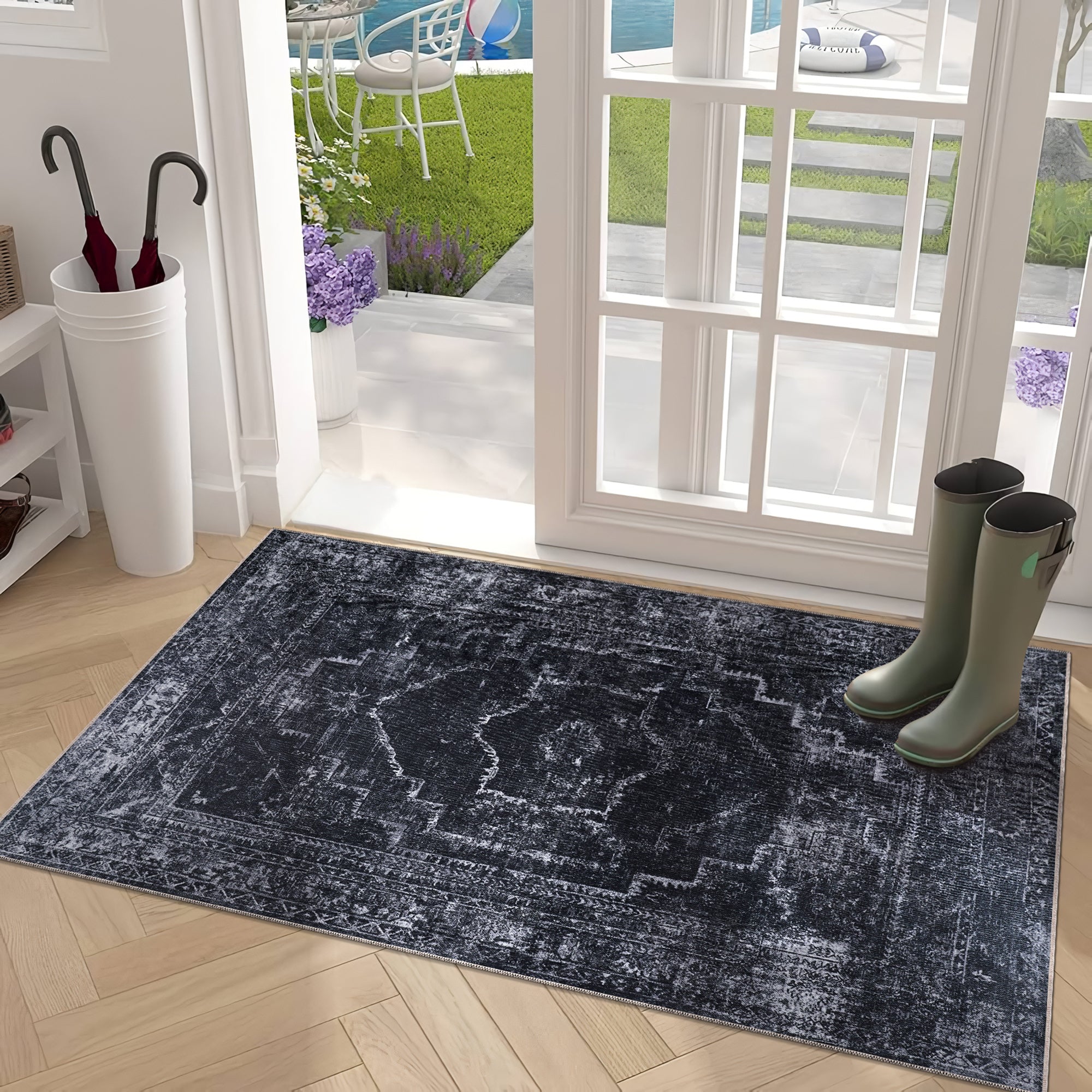 Netline Home Rugs Depot RW1007 – Machine Washable Distressed Black Rug | Modern Vintage Medallion Carpet for Living Room, Bedroom & Office