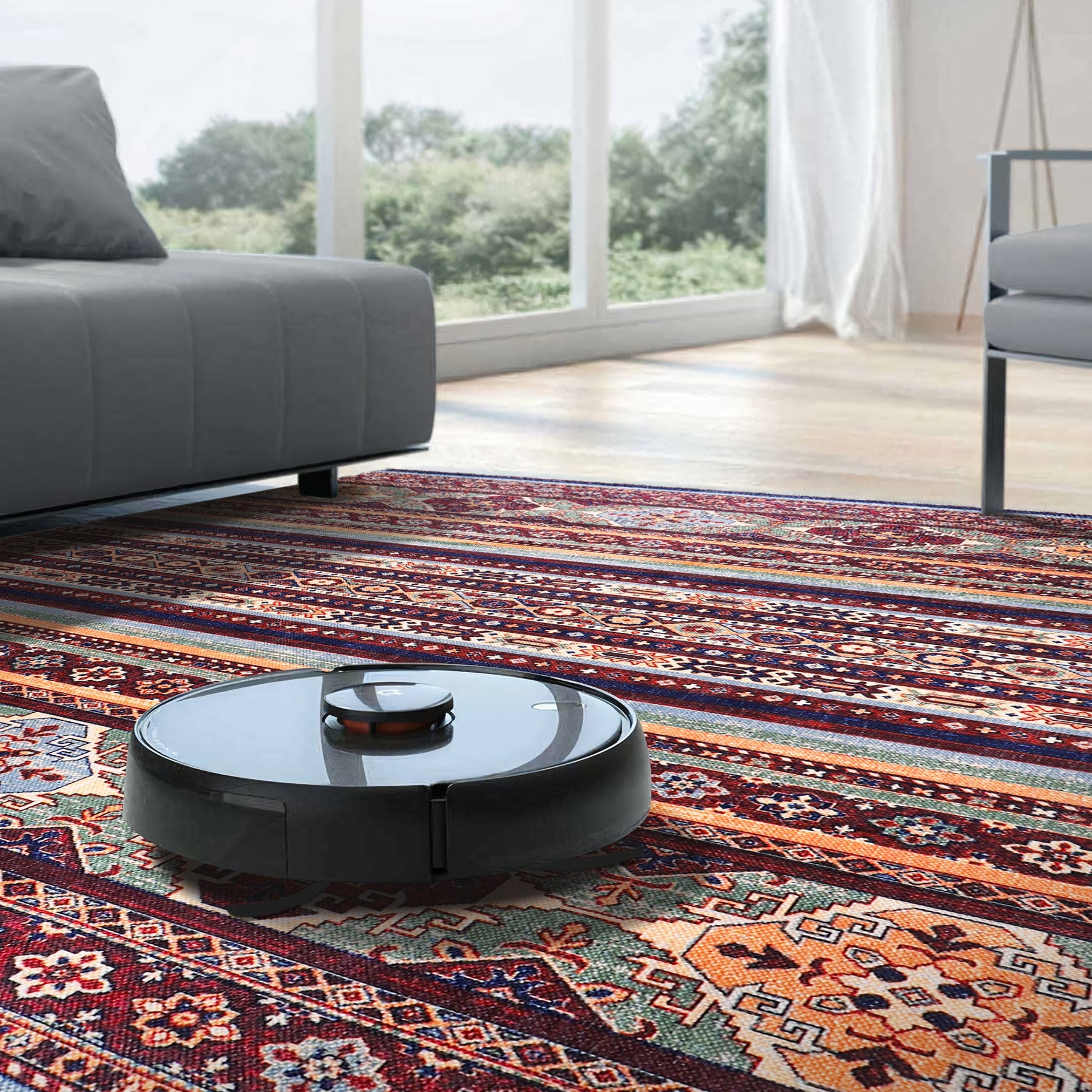 Colorful washable tribal Kilim rug with geometric stripes by Netline Home, perfect for living room, bedroom, or dining area.
