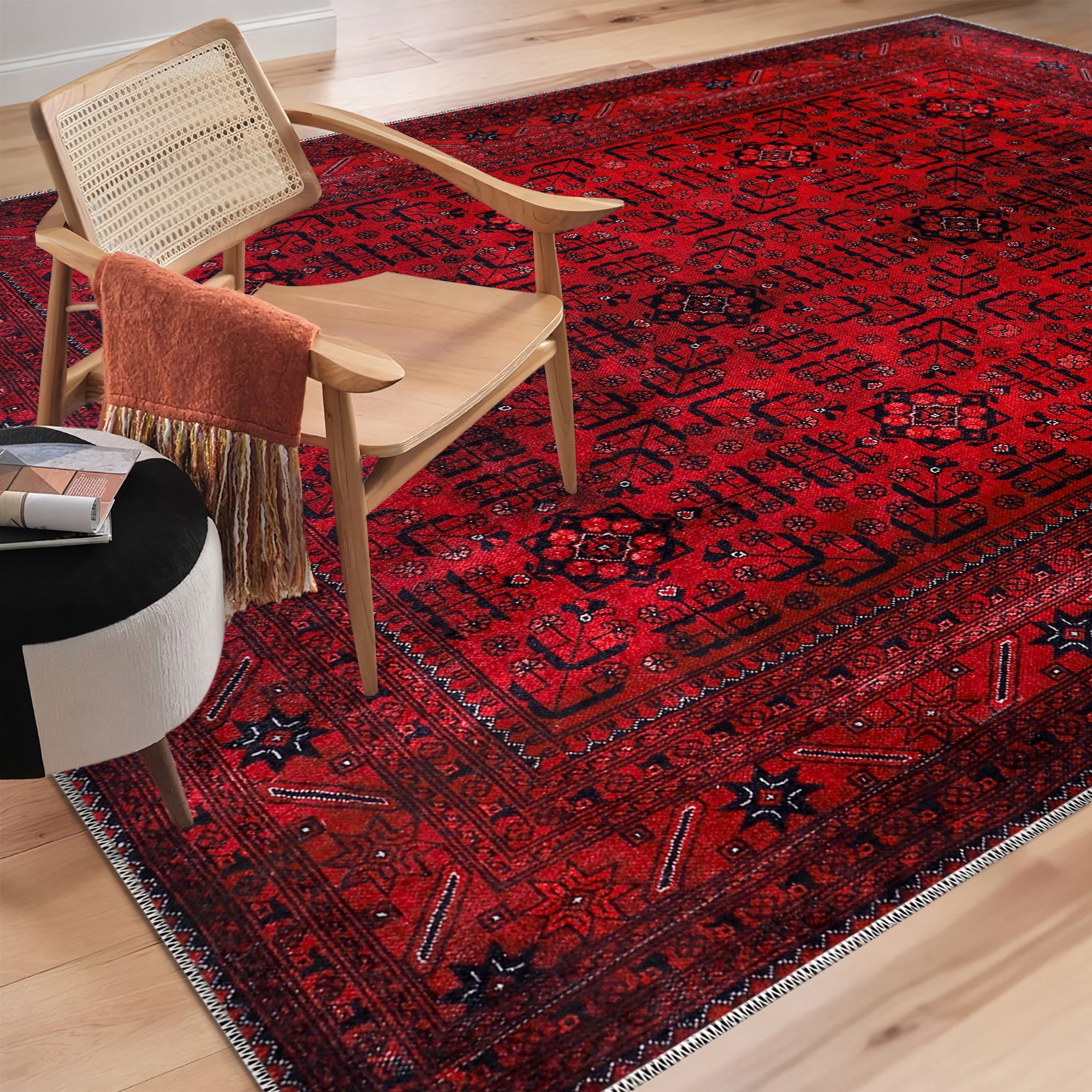 Netline Home Rugs Depot RW1001 – Machine Washable Red Afghan Pattern Area Rug | Traditional Oriental Geometric Design for Living Room, Bedroom & Office