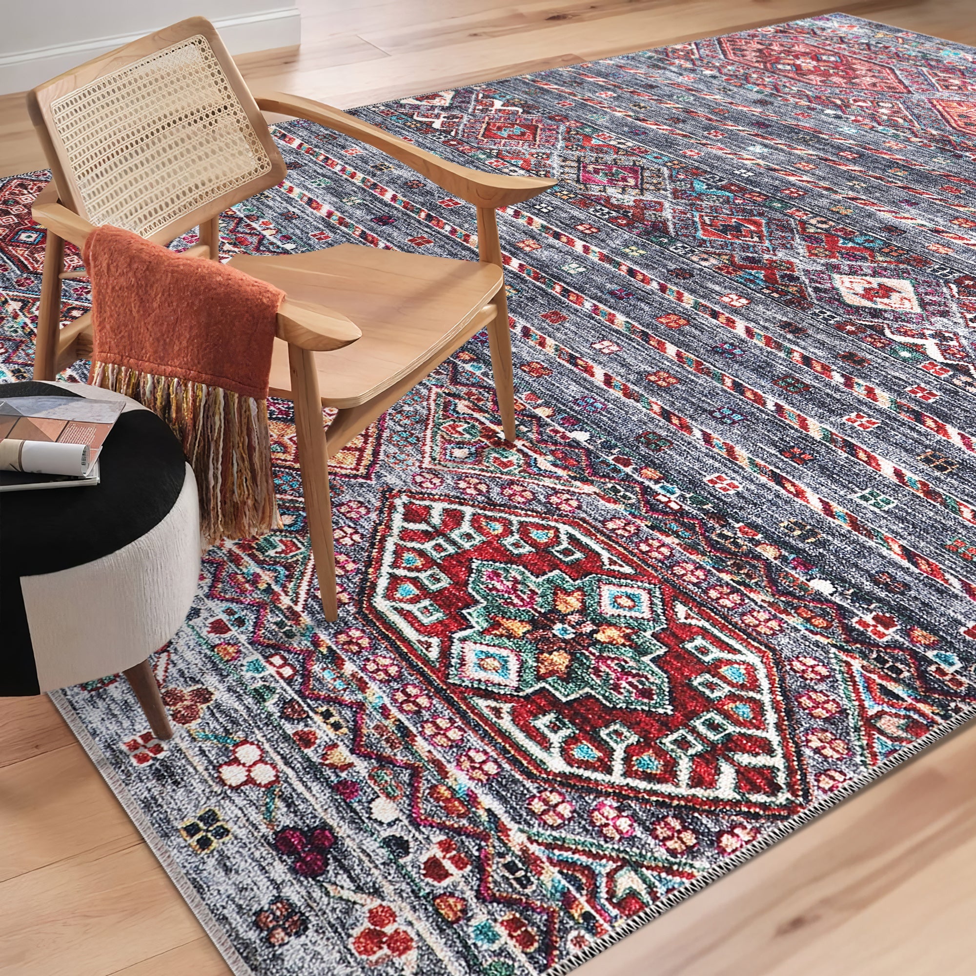 Netline Home Rugs Depot RW1002 – Machine Washable Multicolor Tribal Diamond Rug | Bohemian Kilim-Style Carpet for Living Room, Bedroom & Office