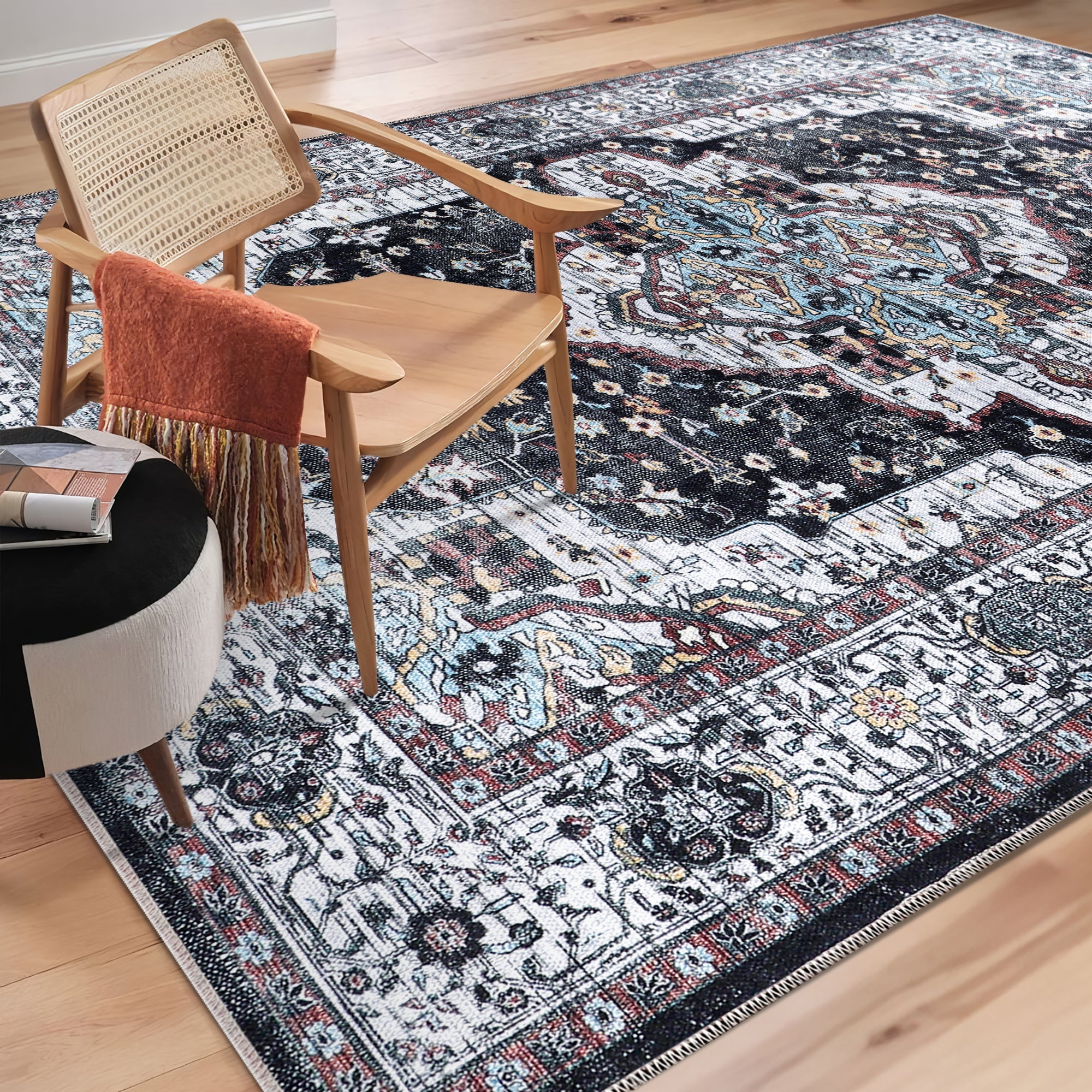 Netline Home Rugs Depot RW1003 – Machine Washable Persian Medallion Rug | Vintage Black & White Oriental Carpet with Blue Accents for Living Room, Bedroom & Dining