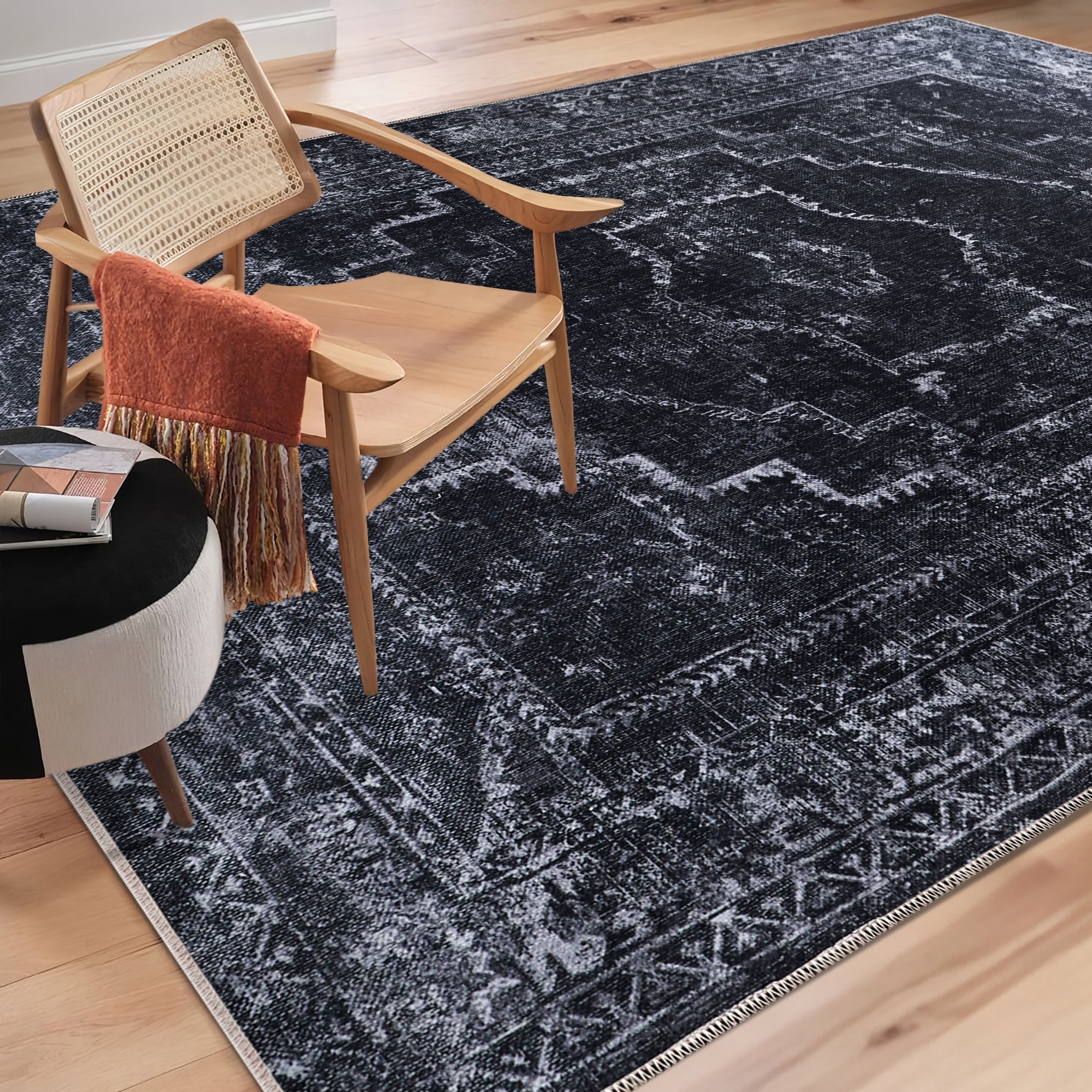 Netline Home Rugs Depot RW1007 – Machine Washable Distressed Black Rug | Modern Vintage Medallion Carpet for Living Room, Bedroom & Office