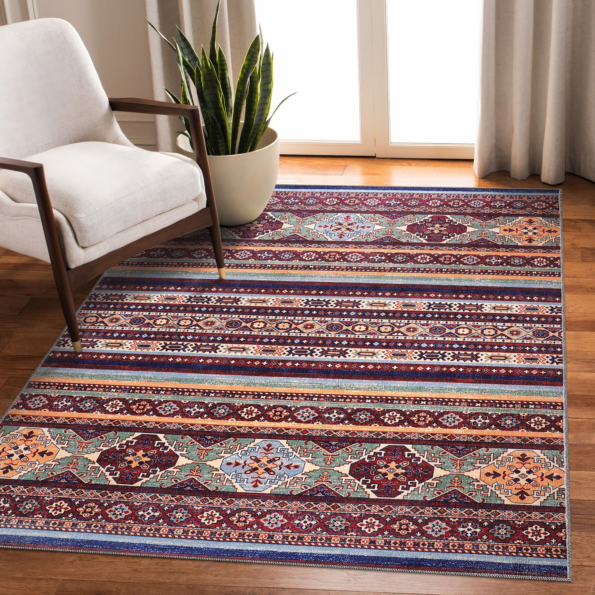 Netline Home Rugs Depot RW1004 – Machine Washable Multicolor Tribal Kilim Rug | Geometric Striped Oriental Carpet for Living Room, Bedroom & Dining