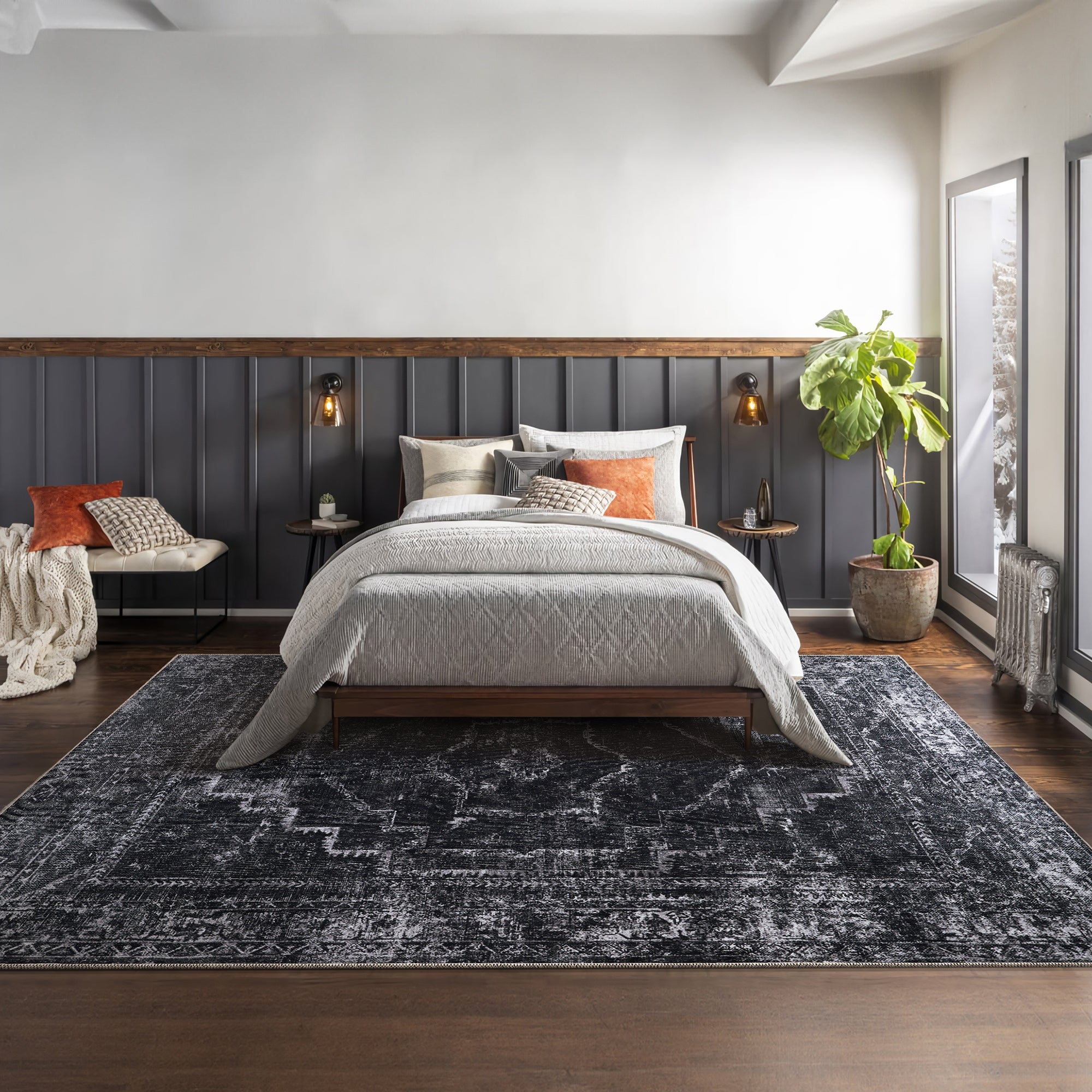 Netline Home Rugs Depot RW1007 – Machine Washable Distressed Black Rug | Modern Vintage Medallion Carpet for Living Room, Bedroom & Office