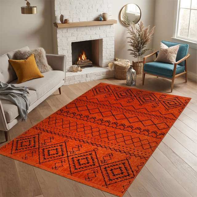 Orange machine washable chenille rug by Netline Home, soft and plush, perfect for cozy living spaces.