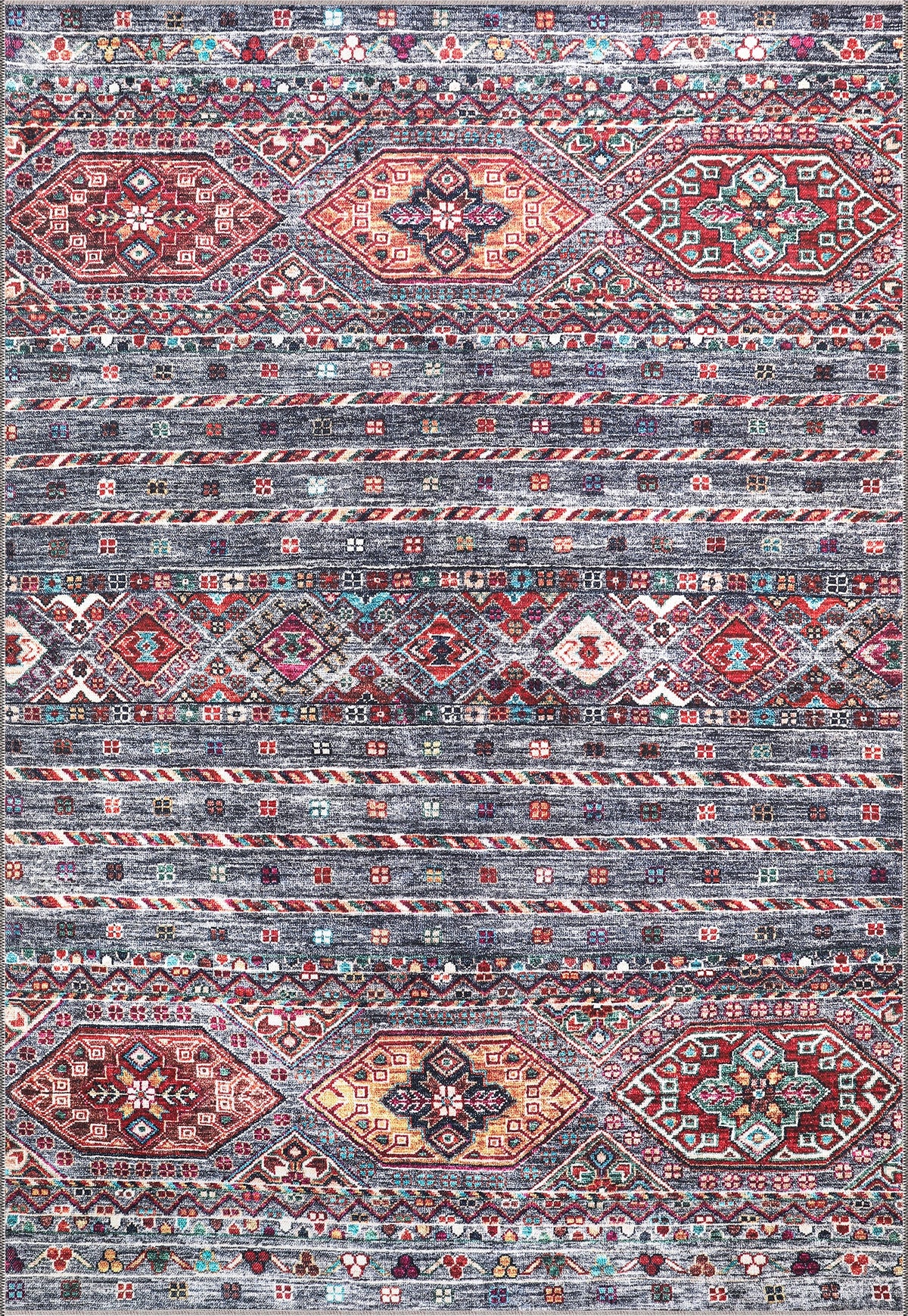 Multicolor tribal diamond washable rug by Netline Home, bohemian kilim-style carpet for living room, bedroom, or office.