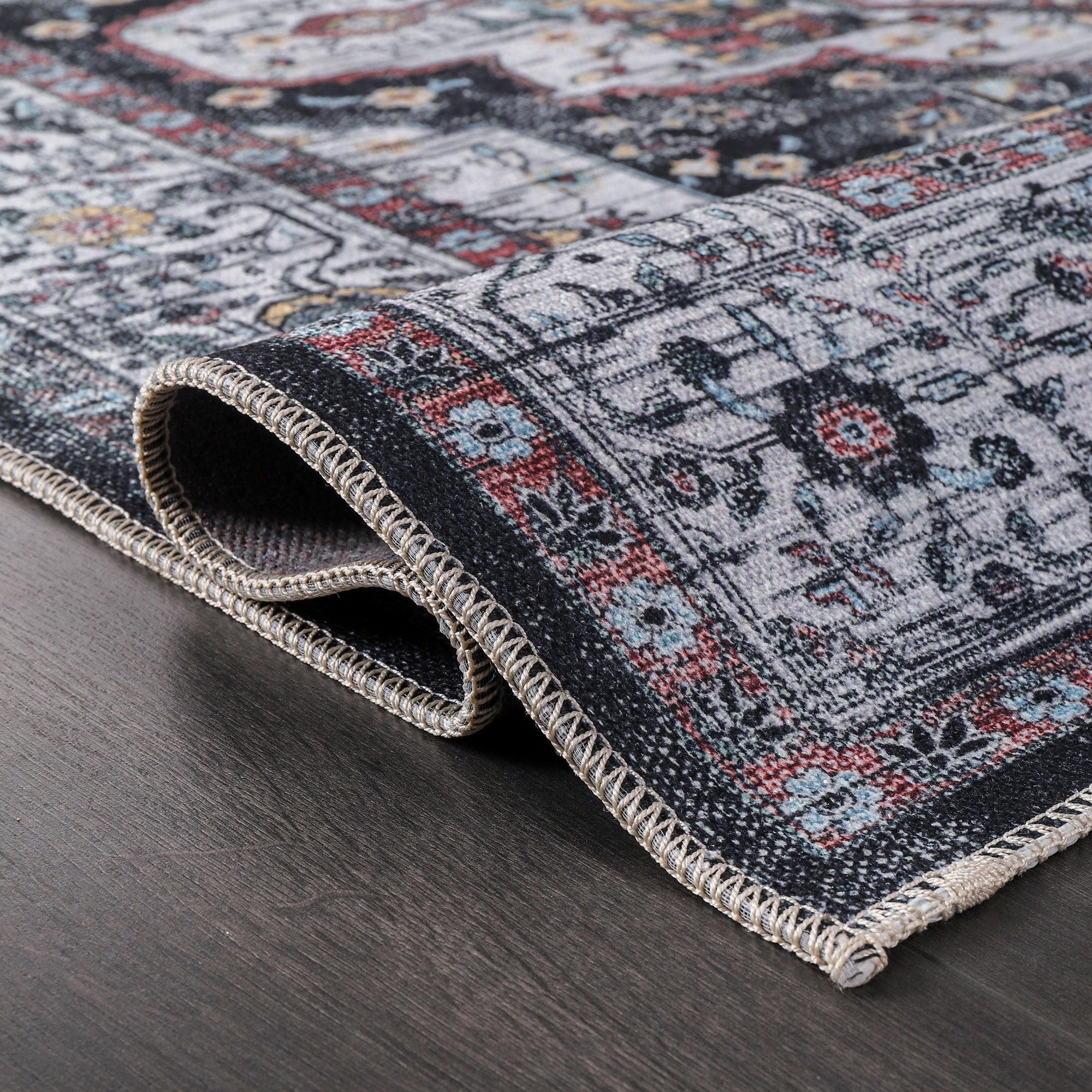 Netline Home Rugs Depot RW1003 – Machine Washable Persian Medallion Rug | Vintage Black & White Oriental Carpet with Blue Accents for Living Room, Bedroom & Dining