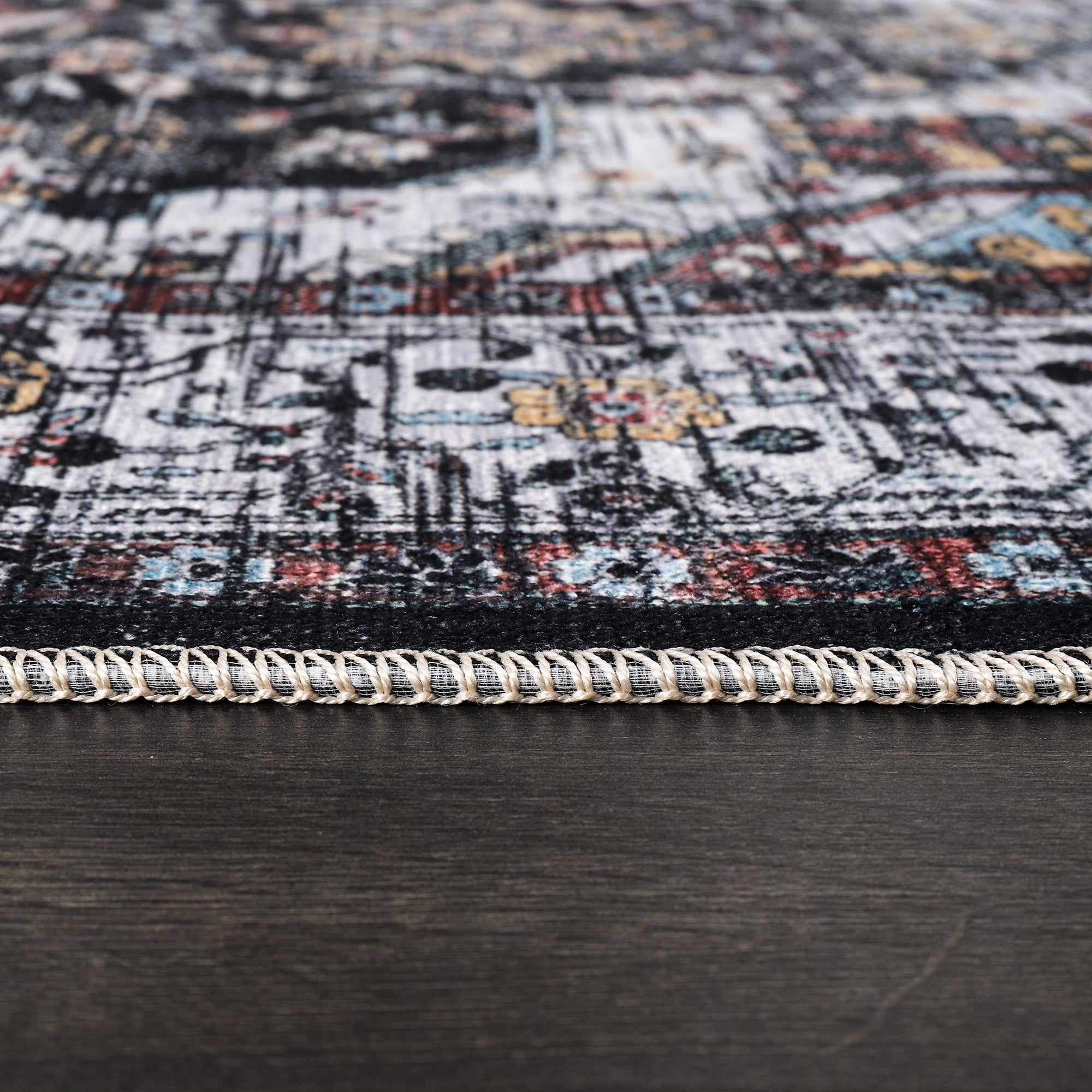 Netline Home Rugs Depot RW1003 – Machine Washable Persian Medallion Rug | Vintage Black & White Oriental Carpet with Blue Accents for Living Room, Bedroom & Dining