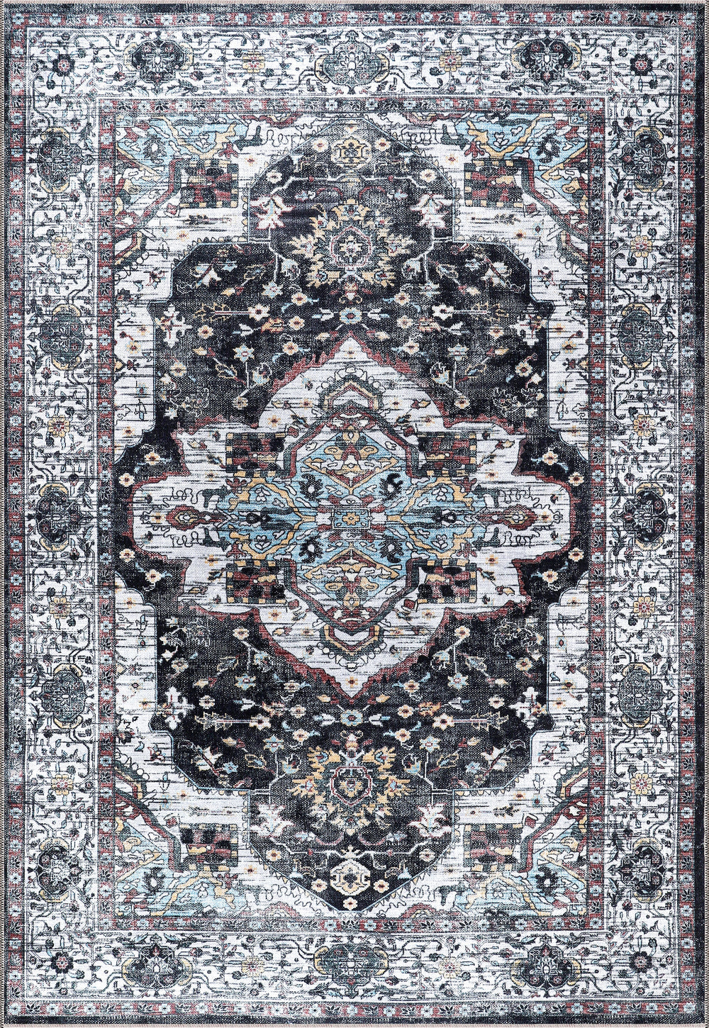 Machine washable Persian medallion rug by Netline Home featuring vintage black, white, and blue accents, ideal for living rooms and bedrooms.