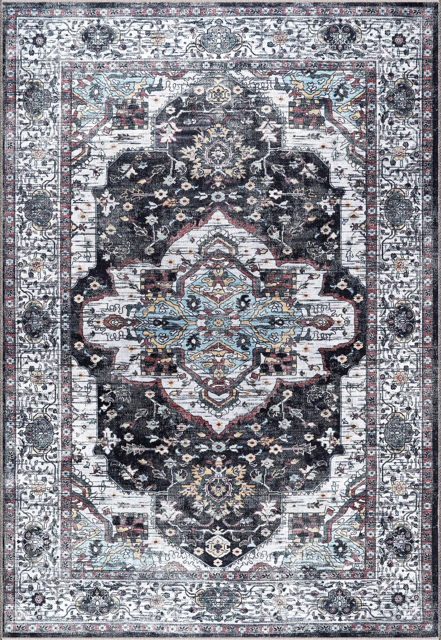Machine washable Persian medallion rug by Netline Home featuring vintage black, white, and blue accents, ideal for living rooms and bedrooms.