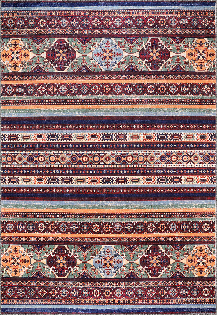 Tapis Kilim tribal multicolore lavable en machine Netline Home Rugs Depot RW1004 | Tapis oriental à rayures géométriques pour salon, chambre et salle à manger shown in an illustrative room