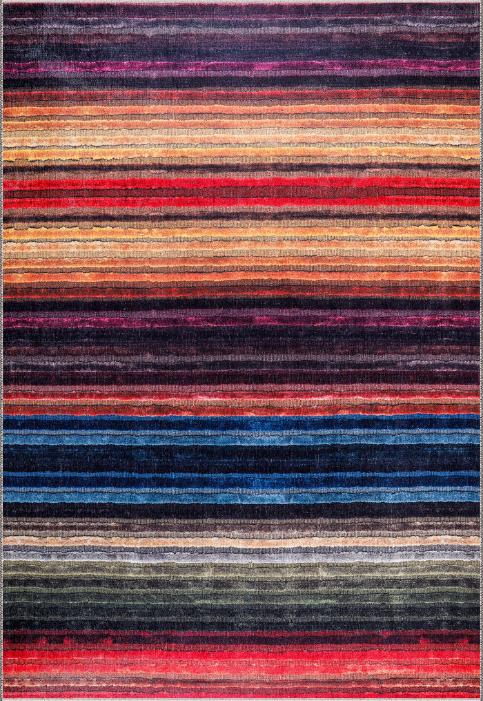Netline Home Rugs Depot RW1006 – Tappeto a righe multicolori lavabile in lavatrice | Tappeto moderno bohémien e vivace per soggiorno, camera da letto e ufficio shown in an illustrative room