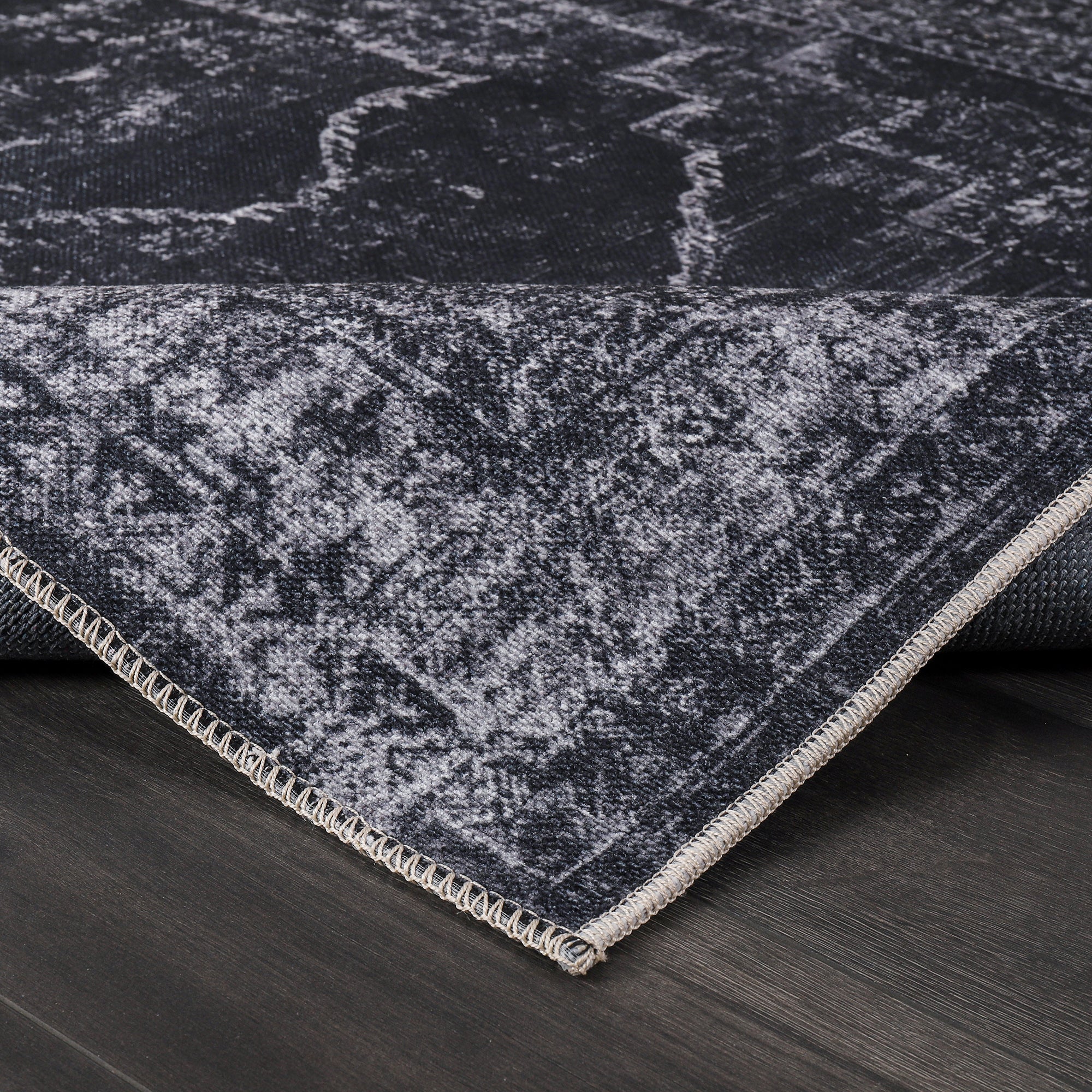 Netline Home Rugs Depot RW1007 – Machine Washable Distressed Black Rug | Modern Vintage Medallion Carpet for Living Room, Bedroom & Office