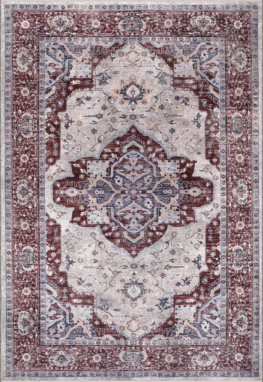 Machine washable Persian medallion rug by Netline Home featuring traditional oriental vintage design for living room, bedroom, or dining area.