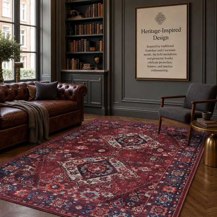 Curated Floral Deep Red Vintage Washable Rug shown in an illustrative room