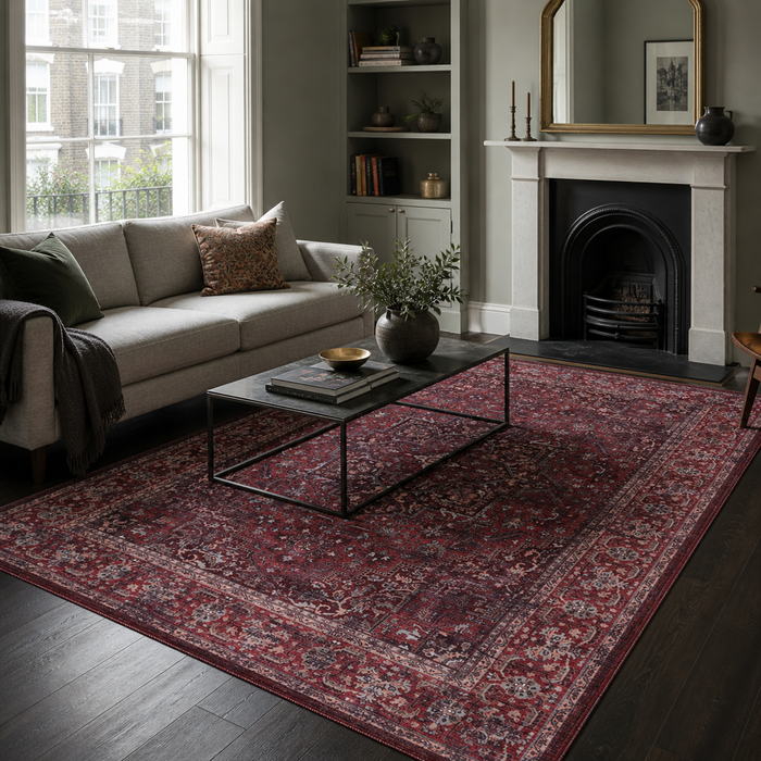 Terrace Patina Crimson Red Vintage Washable Rug shown in an illustrative room