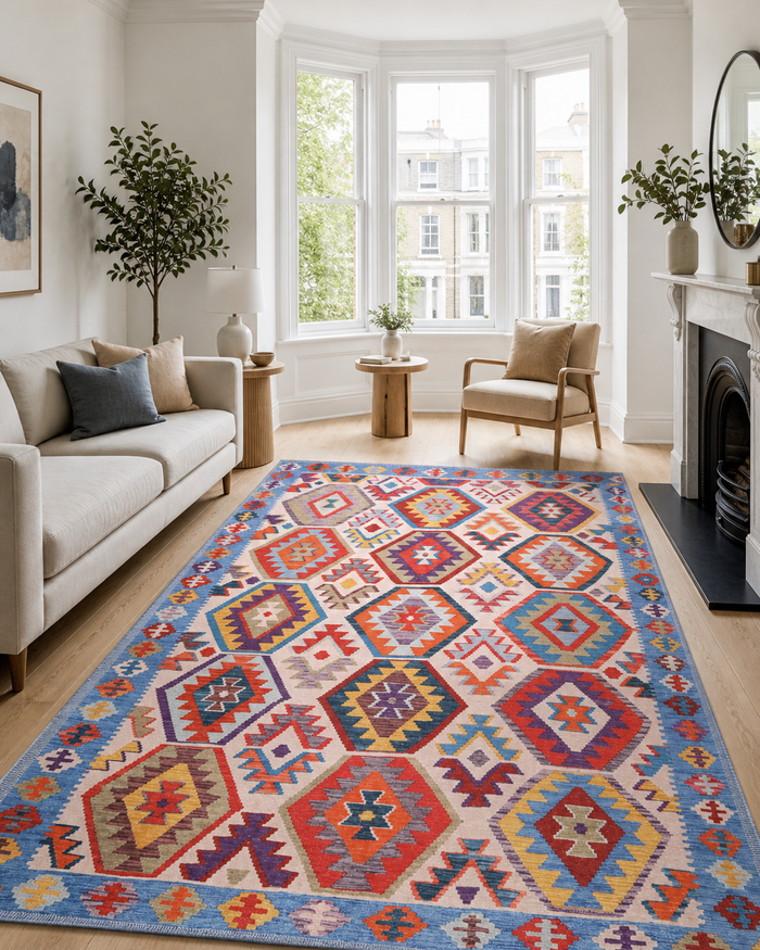 Georgian Mosaic Crimson Red Bohemian Washable Rug shown in an illustrative room