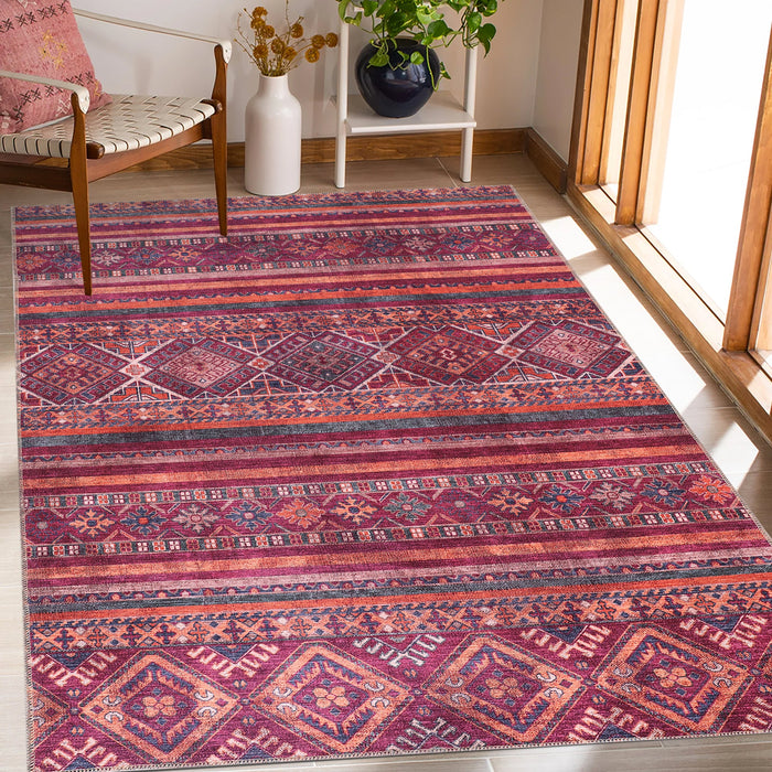 Westward Patina Deep Red Bohemian Washable Rug shown in an illustrative room