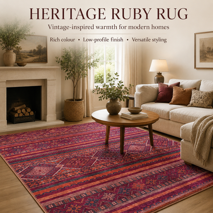 Tiled Border Burnt Red Heritage Washable Rug shown in an illustrative room