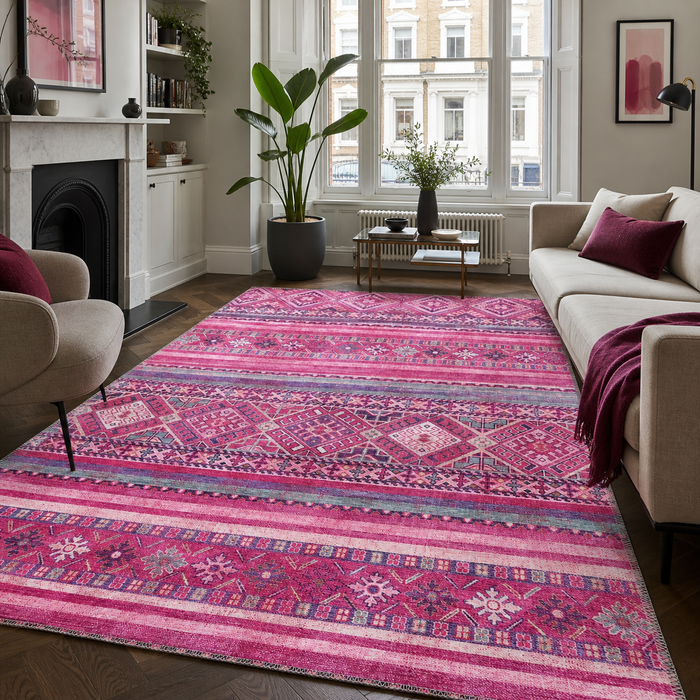 Serene Mosaic Bright Pink Bohemian Washable Rug shown in an illustrative room