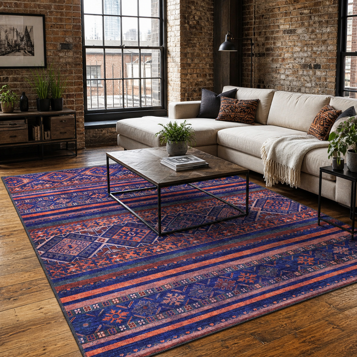 Calm Mosaic Soft Purple Bohemian Washable Rug shown in an illustrative room