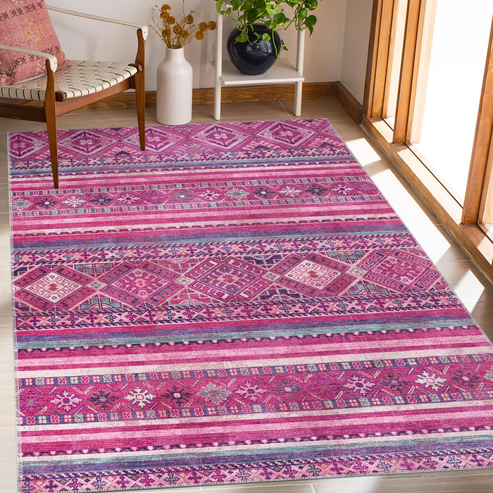 Quiet Floral Soft Pink Bohemian Washable Rug shown in an illustrative room
