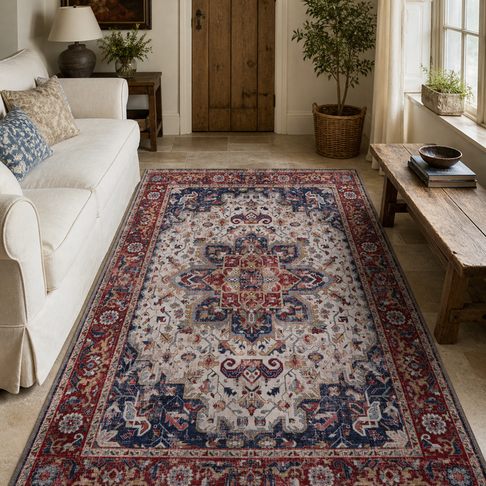 Graceful Patina Soft Purple Vintage Washable Rug shown in an illustrative room