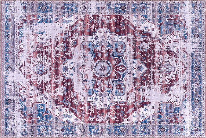 Graphic Patina Mauve Grey Vintage Washable Rug shown in an illustrative room