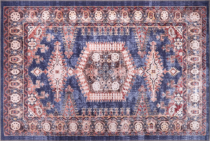Evening Heritage Mid Blue Washable Rug shown in an illustrative room