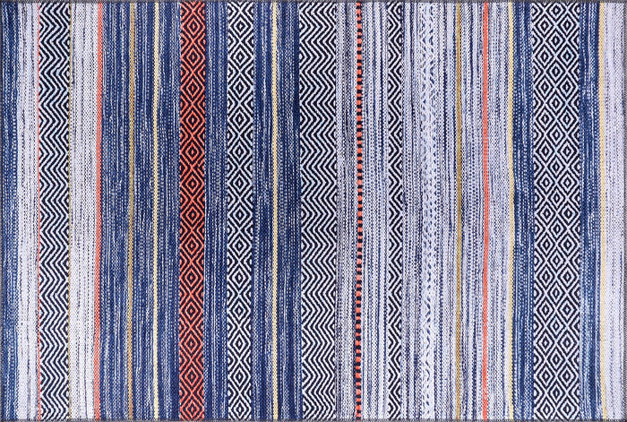 Crossed Watercolour Bright Blue Abstract Washable Rug shown in an illustrative room