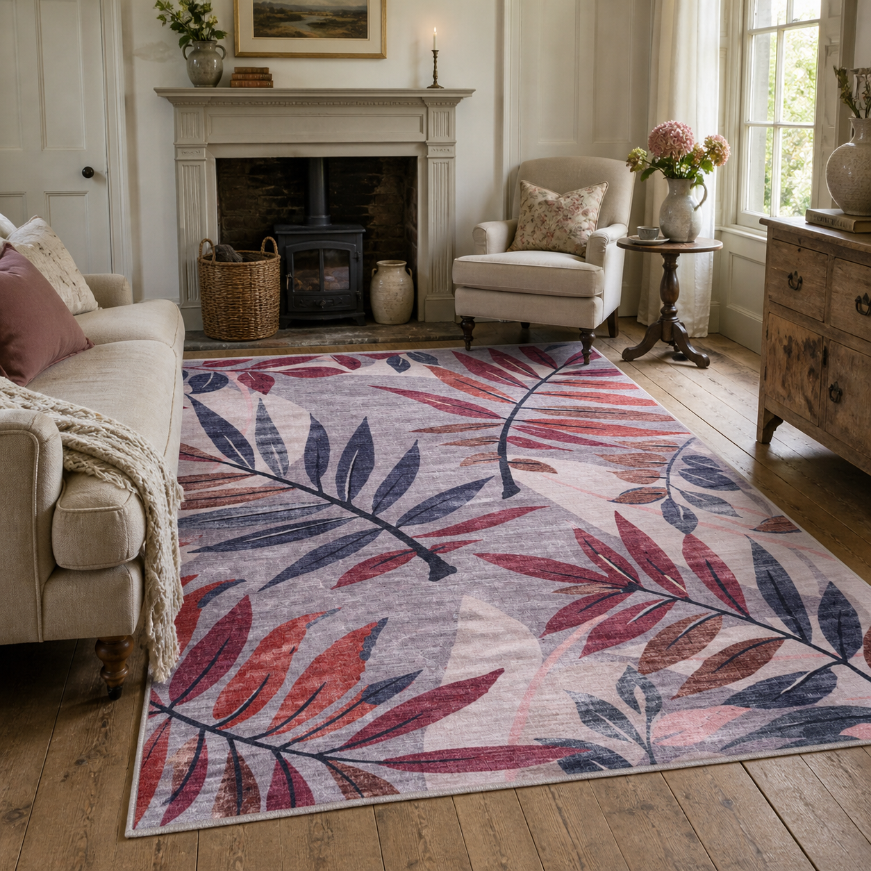 Premier Floral Soft White Washable Rug by Netline Home