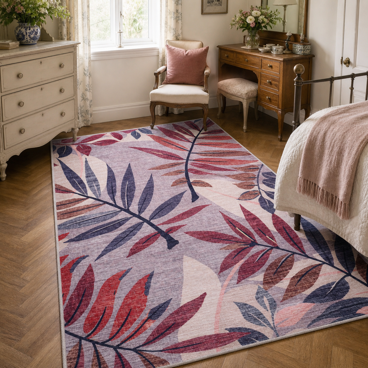 Premier Floral Soft White Washable Rug by Netline Home