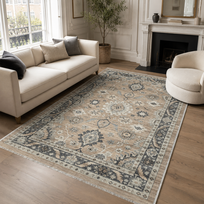Wandering Lattice Silver Grey Traditional Washable Rug shown in an illustrative room