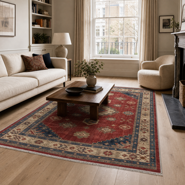 Heritage Medallion Crimson Red Traditional Washable Rug shown in an illustrative room